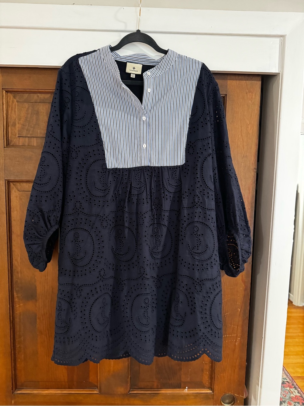 Tuckernuck Navy Eyelet Mini Dress with Blue-White Striped Yoke